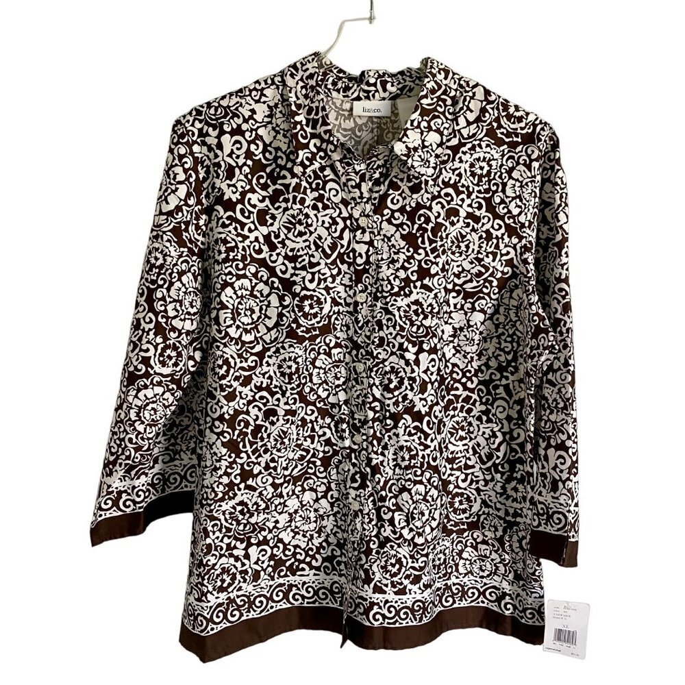 Liz & Co. A New View Brown and White Patterned Button Up Cotton Shirt Women's XL